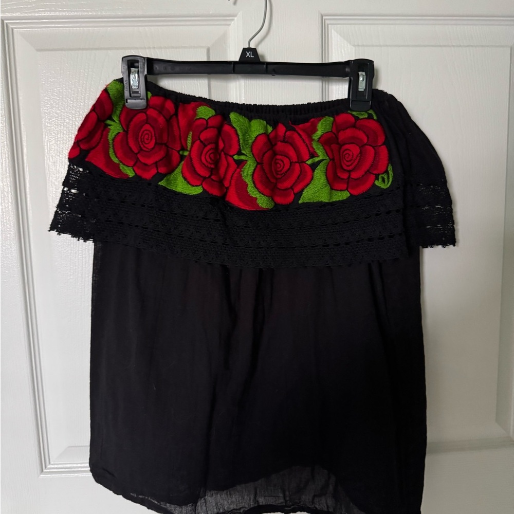 Off-Shoulder Black Top with Red Rose Embroidery